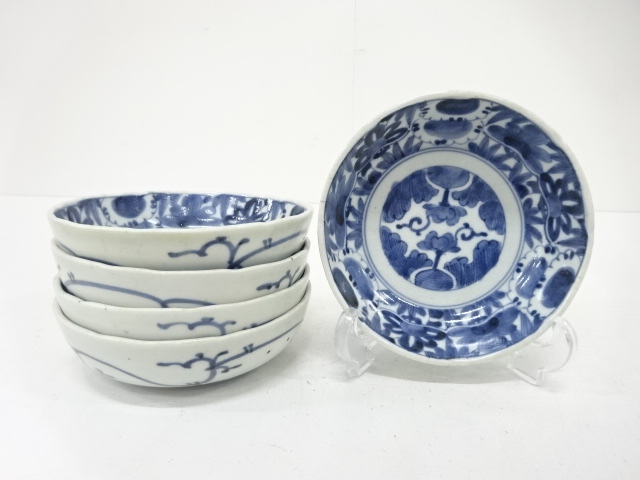 古伊万里　染付　花唐草　なます皿　5客揃